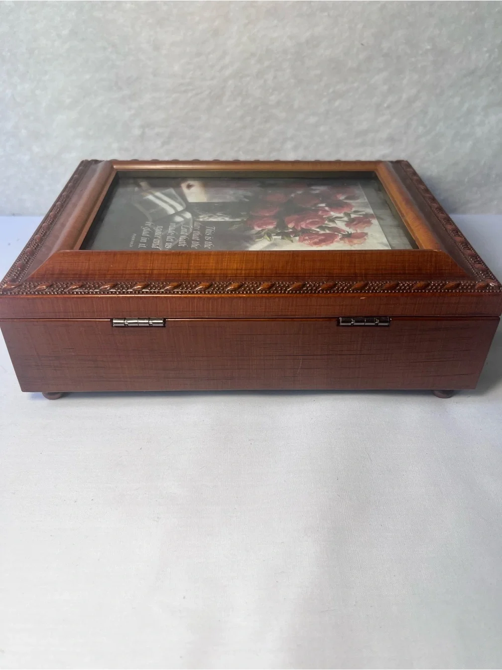 Sankyo Walnut Finish Music Jewelry Box Picture Frame Plays Happy Birthday Song